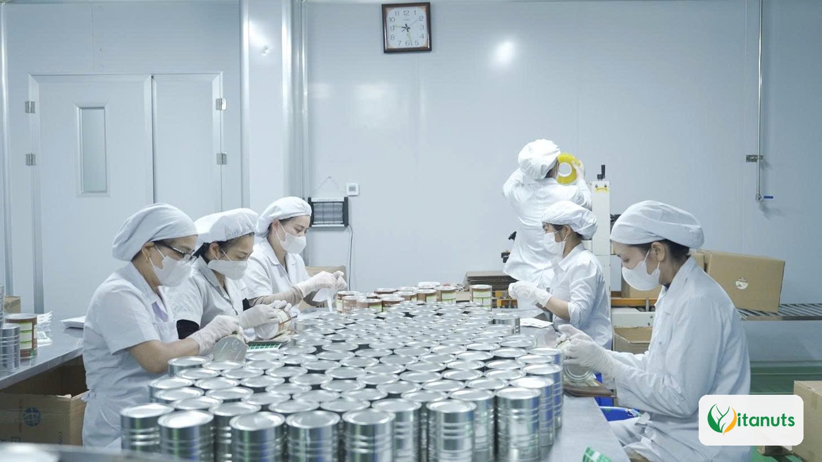 Công nhân đóng gói lon sữa hạt dạng bột tại nhà máy Vitanuts