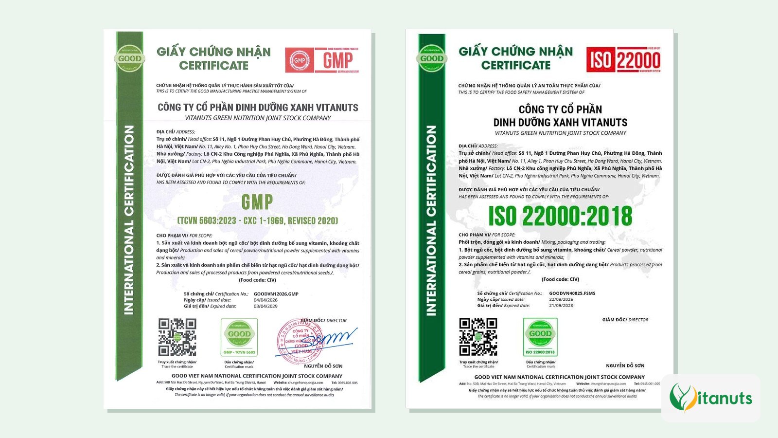Giấy chứng nhận GMP TCVN 5603:2023 và ISO 22000:2018 của Công ty Cổ phần Dinh dưỡng Xanh Vitanuts
